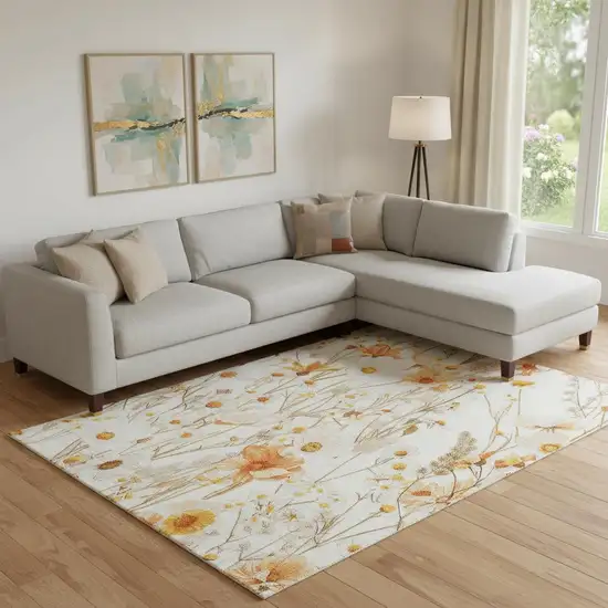 Ivory And Orange Floral Washable Area Rug With UV Protection Photo 2