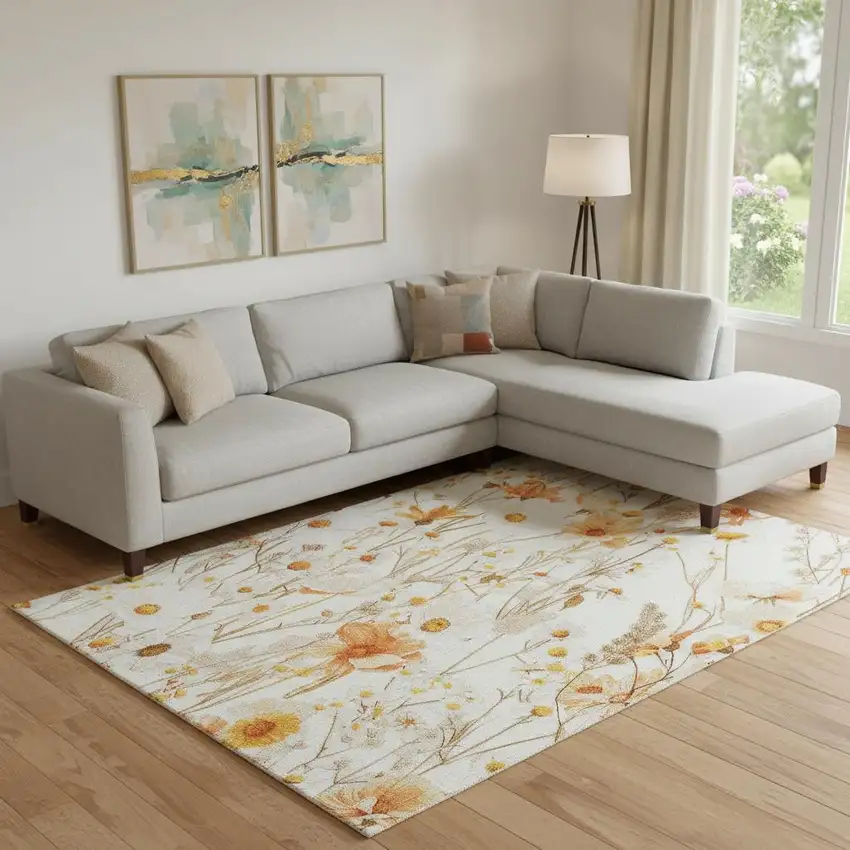 Ivory And Orange Floral Washable Area Rug With UV Protection Photo 2