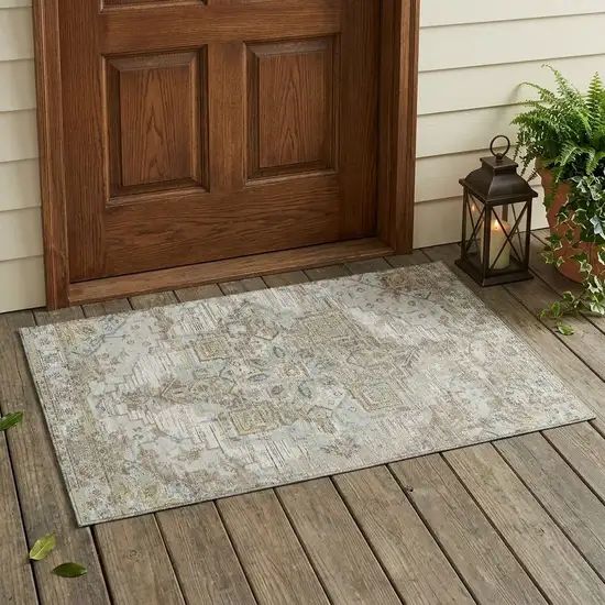 Ivory And Orange Oriental Washable Indoor Outdoor Area Rug Photo 1