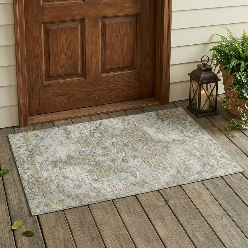 Ivory And Orange Oriental Washable Indoor Outdoor Area Rug Photo 1
