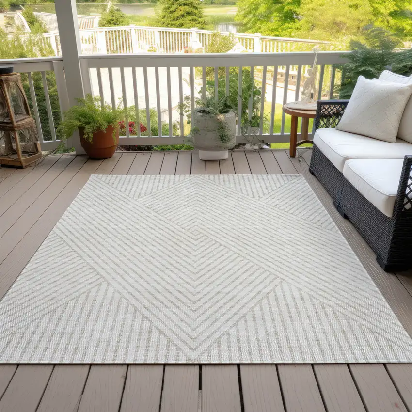 Ivory And Pale Beige Geometric Washable Indoor Outdoor Area Rug Photo 8