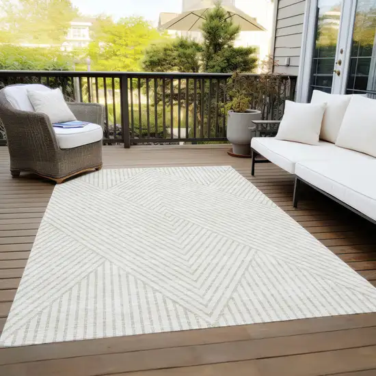 Ivory And Pale Beige Geometric Washable Indoor Outdoor Area Rug Photo 9