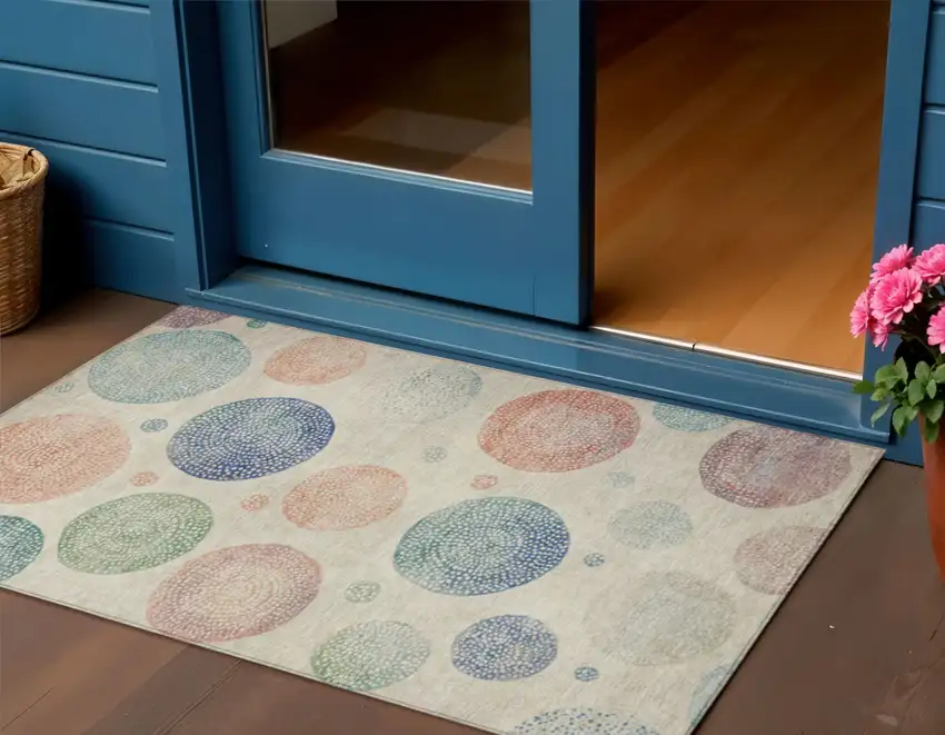 Ivory And Peach Geometric Washable Indoor Outdoor Area Rug Photo 2