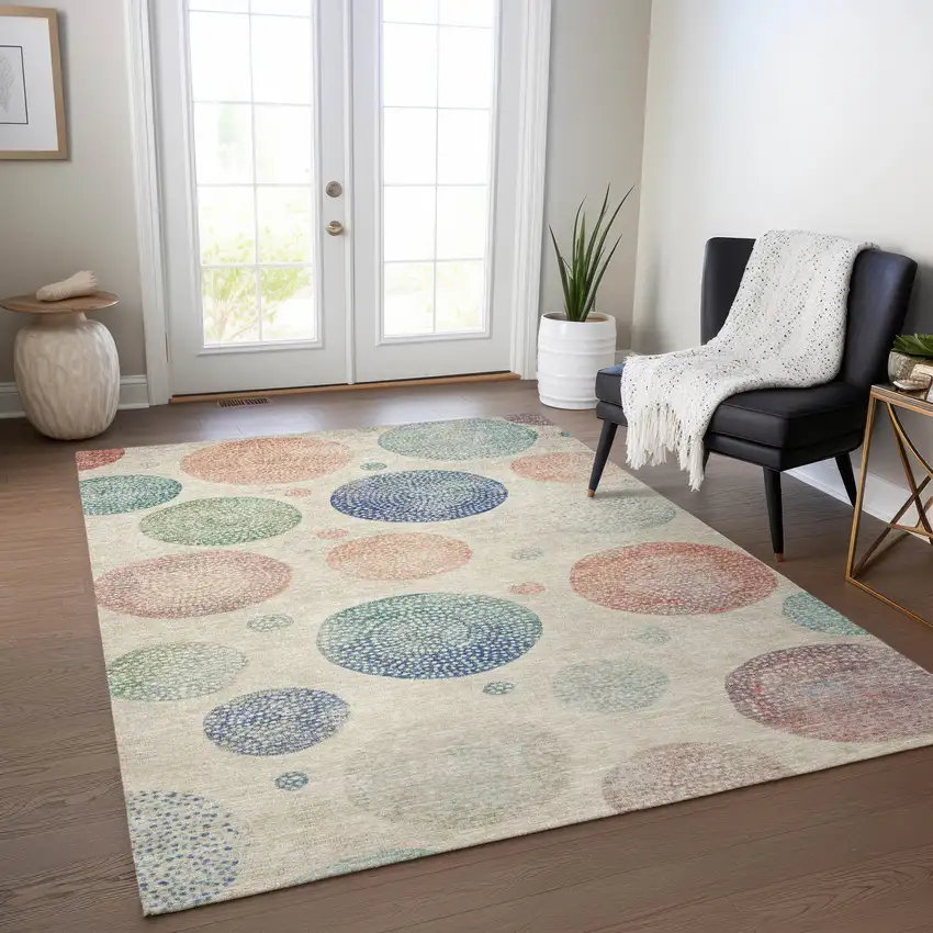Ivory And Peach Geometric Washable Indoor Outdoor Area Rug Photo 6