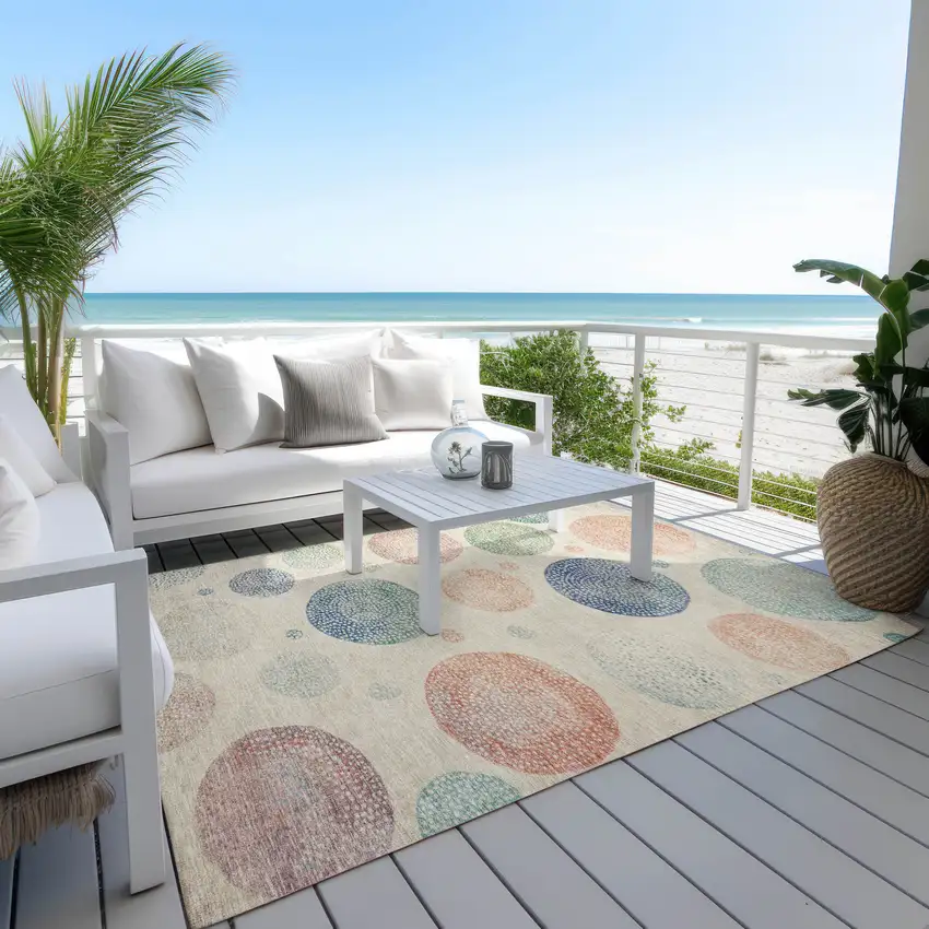 Ivory And Peach Geometric Washable Indoor Outdoor Area Rug Photo 5