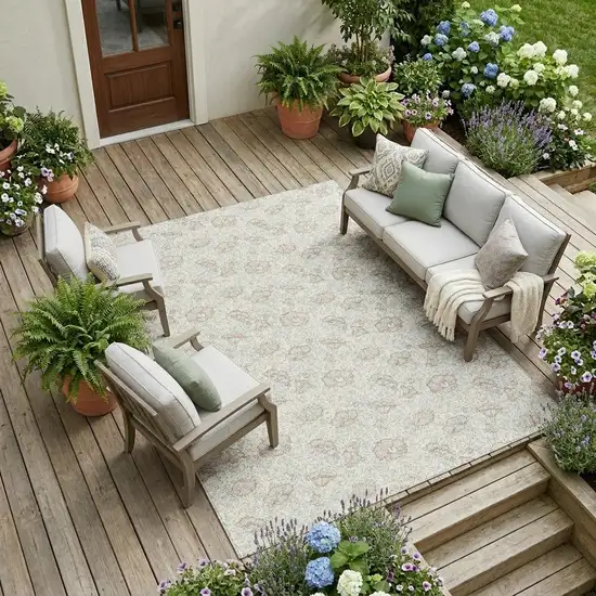 Ivory And Pearl Floral Washable Indoor Outdoor Area Rug Photo 1