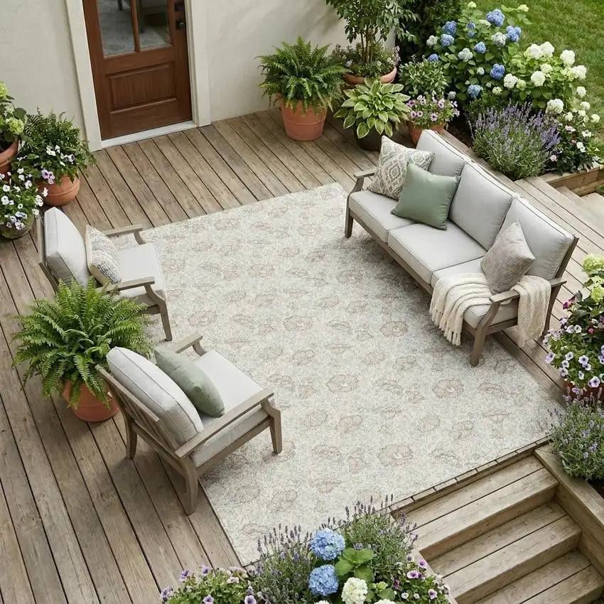 Ivory And Pearl Floral Washable Indoor Outdoor Area Rug Photo 1