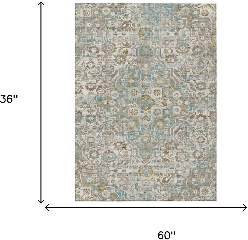 Ivory And Pewter Floral Medallion Washable Indoor Outdoor Area Rug Photo 5