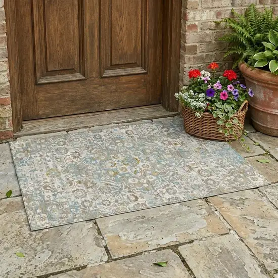 Ivory And Pewter Floral Medallion Washable Indoor Outdoor Area Rug Photo 1