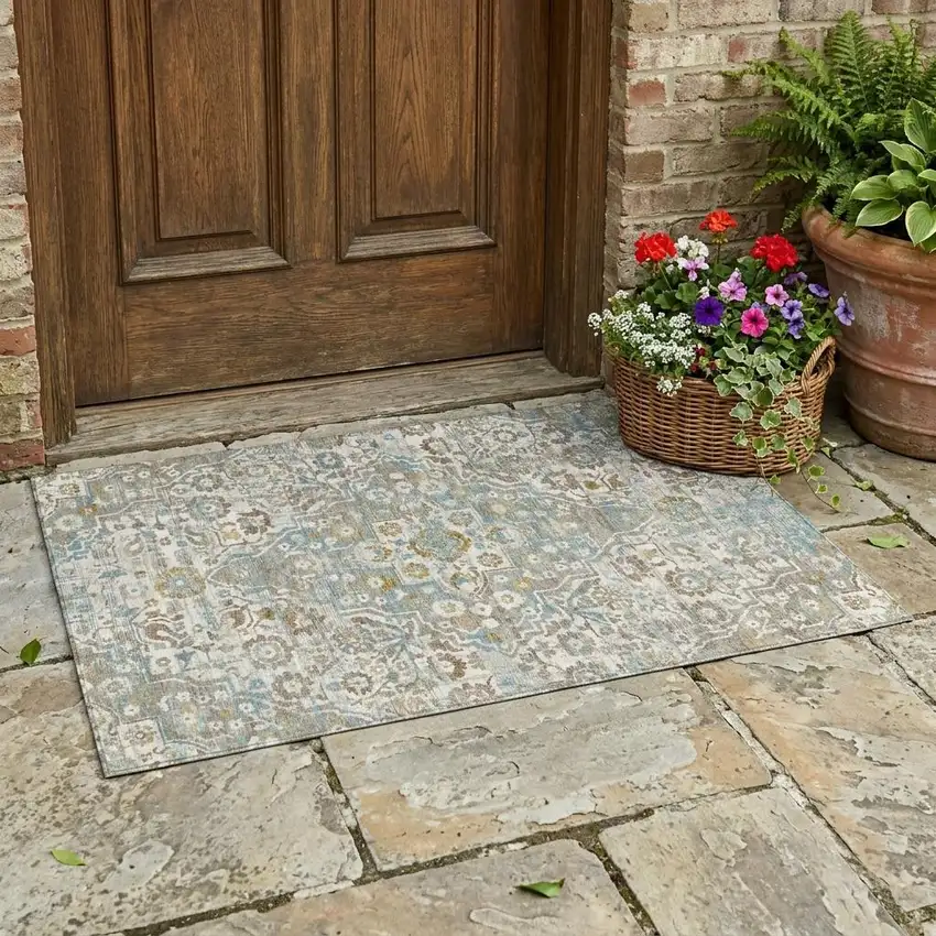 Ivory And Pewter Floral Medallion Washable Indoor Outdoor Area Rug Photo 1