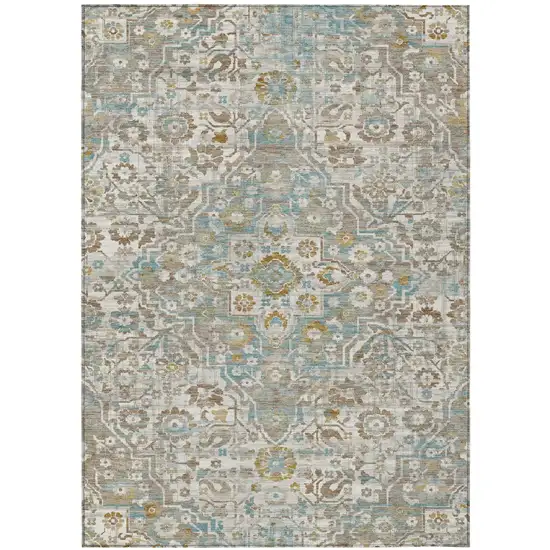Ivory And Pewter Floral Medallion Washable Indoor Outdoor Area Rug Photo 2