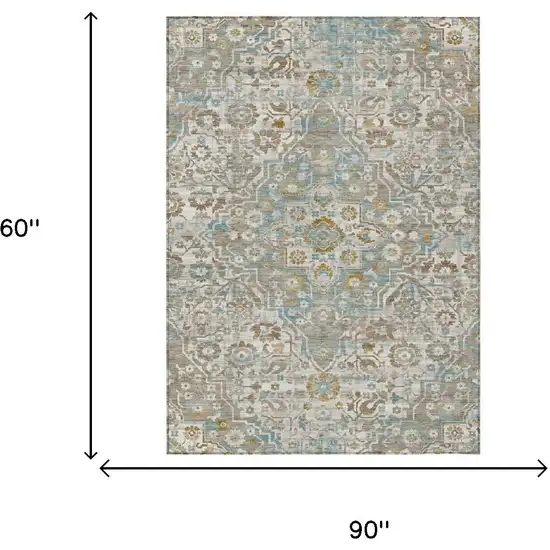 Ivory And Pewter Floral Medallion Washable Indoor Outdoor Area Rug Photo 5