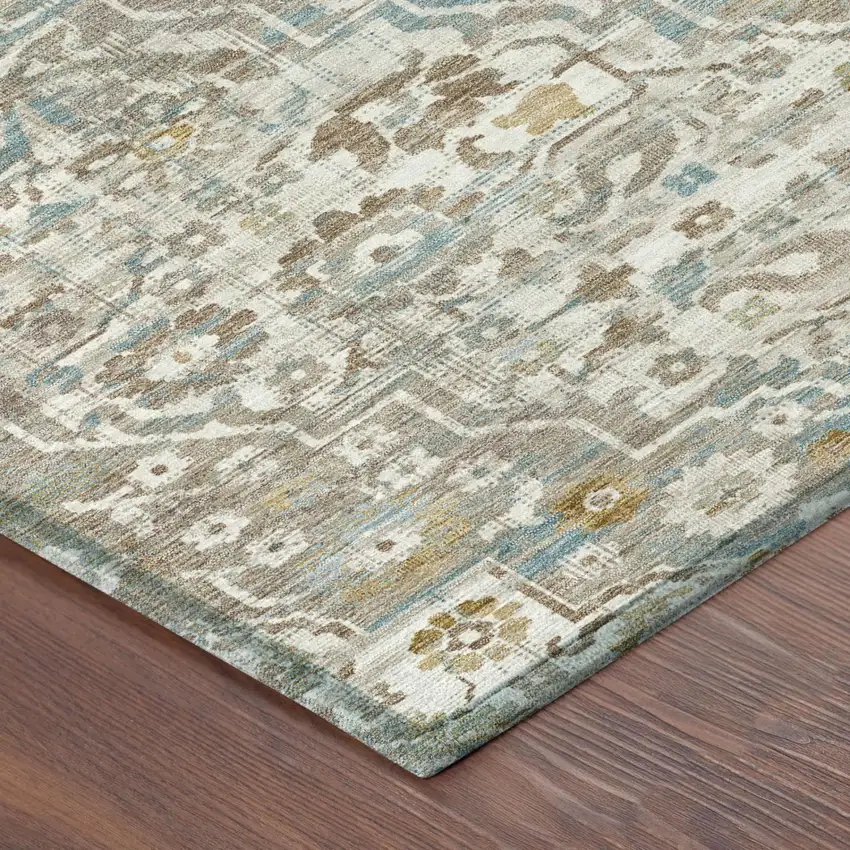 Ivory And Pewter Floral Medallion Washable Indoor Outdoor Area Rug Photo 3