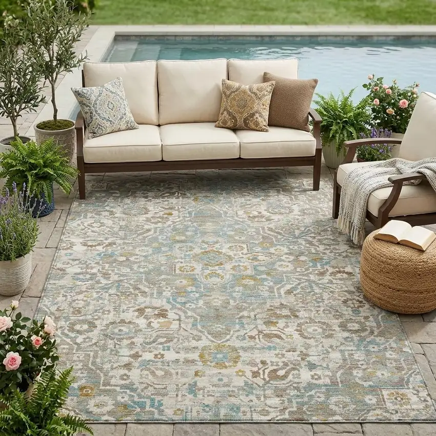 Ivory And Pewter Floral Medallion Washable Indoor Outdoor Area Rug Photo 1