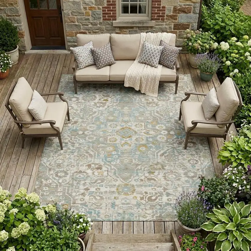Ivory And Pewter Floral Medallion Washable Indoor Outdoor Area Rug Photo 1