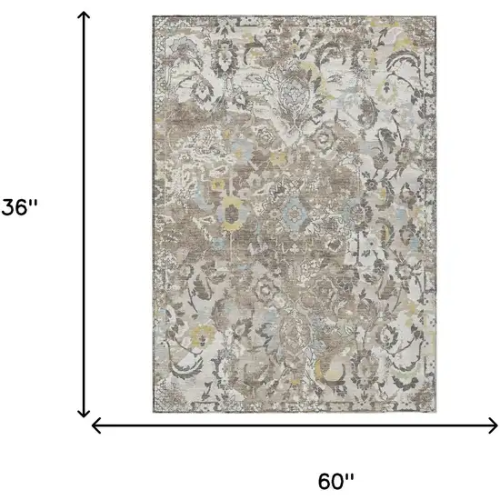 Ivory And Pewter Floral Washable Indoor Outdoor Area Rug Photo 5