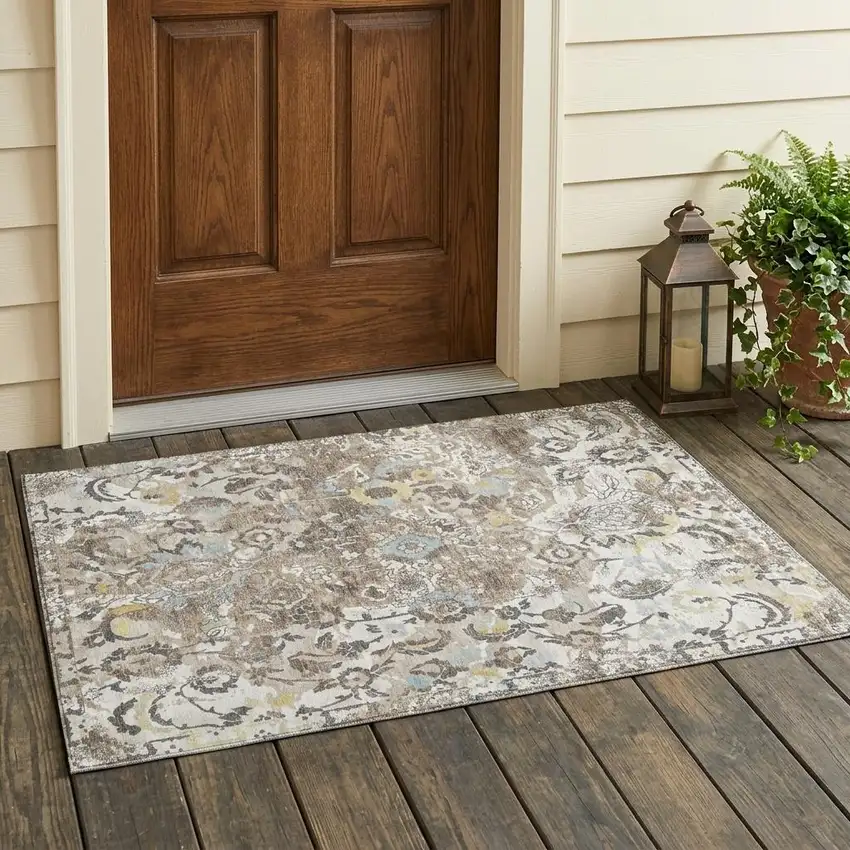 Ivory And Pewter Floral Washable Indoor Outdoor Area Rug Photo 1