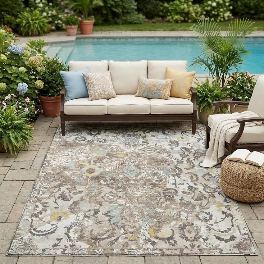 Ivory And Pewter Floral Washable Indoor Outdoor Area Rug Photo 1