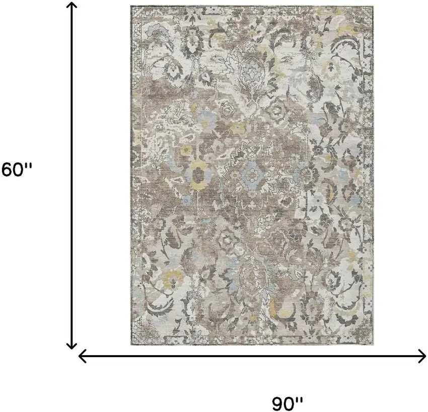 Ivory And Pewter Floral Washable Indoor Outdoor Area Rug Photo 5