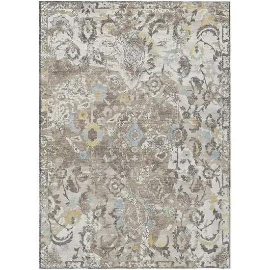Ivory And Pewter Floral Washable Indoor Outdoor Area Rug Photo 2