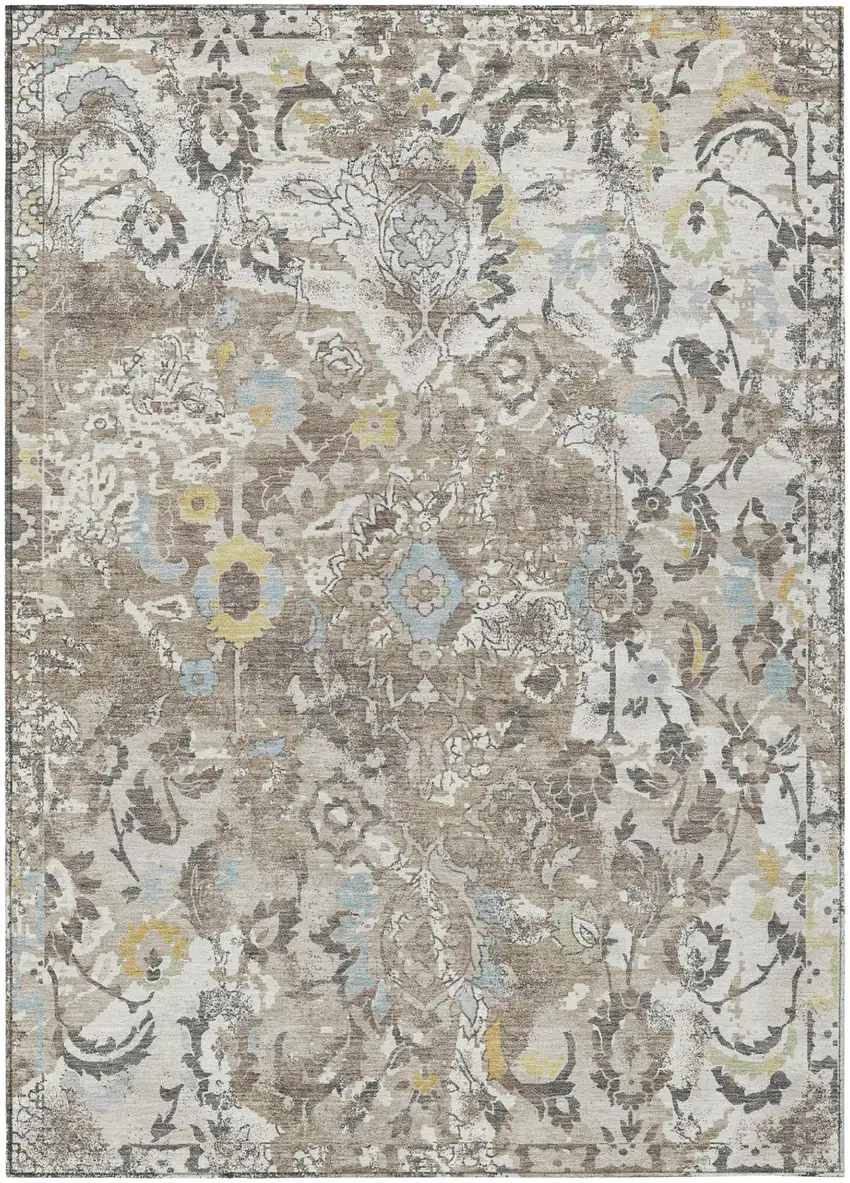 Ivory And Pewter Floral Washable Indoor Outdoor Area Rug Photo 2