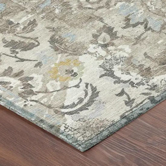 Ivory And Pewter Floral Washable Indoor Outdoor Area Rug Photo 3