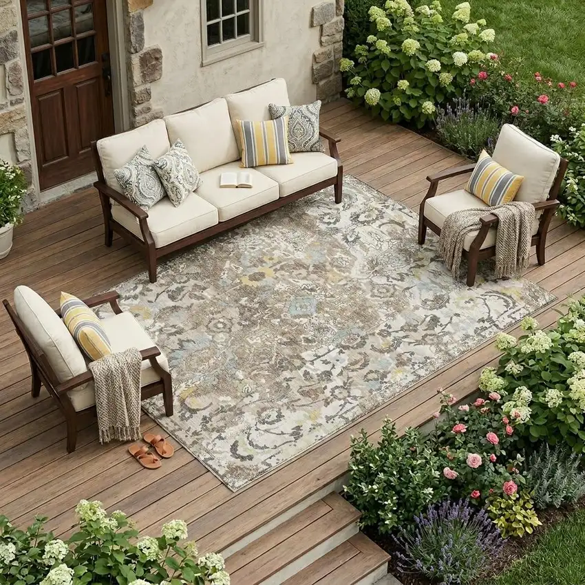 Ivory And Pewter Floral Washable Indoor Outdoor Area Rug Photo 1