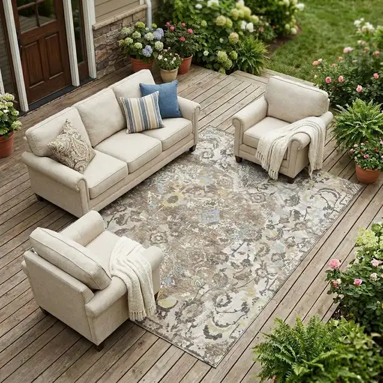 Ivory And Pewter Floral Washable Indoor Outdoor Area Rug Photo 1