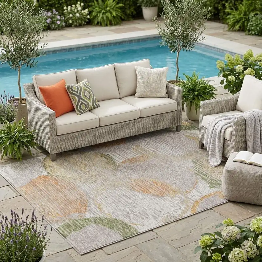 Ivory And Pewter Geometric Washable Indoor Outdoor Area Rug Photo 1