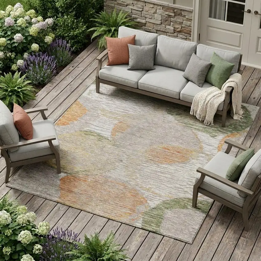 Ivory And Pewter Geometric Washable Indoor Outdoor Area Rug Photo 1