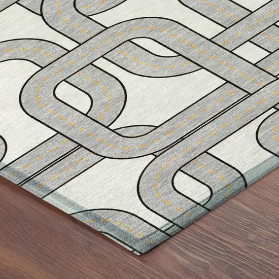 Ivory And Pewter Geometric Washable Indoor Outdoor Area Rug Photo 3