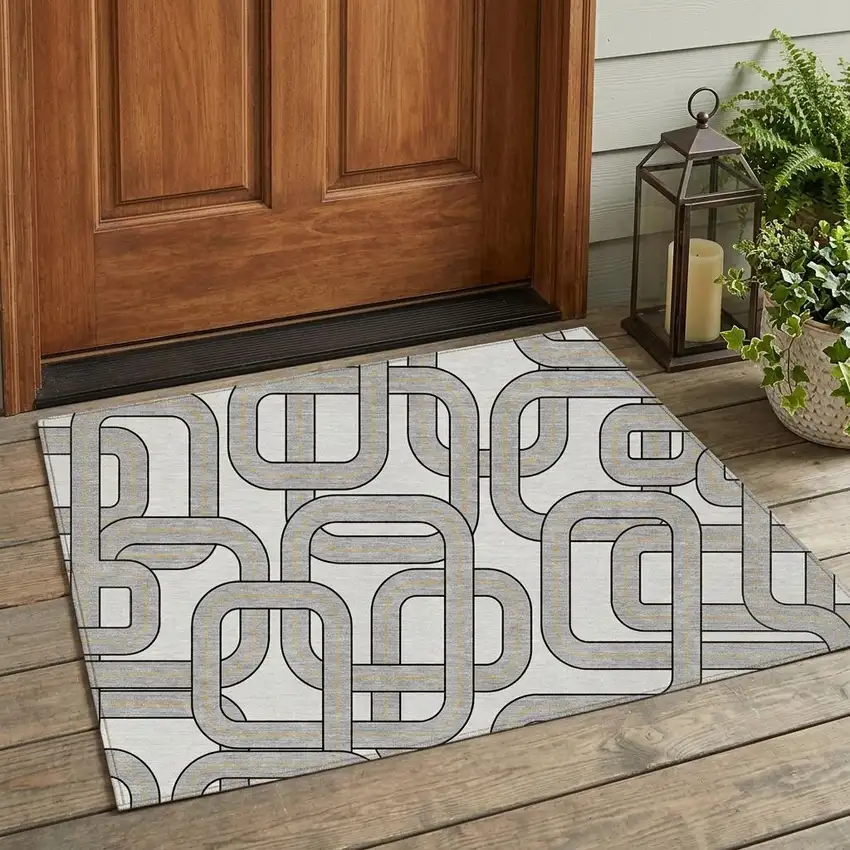 Ivory And Pewter Geometric Washable Indoor Outdoor Area Rug Photo 1