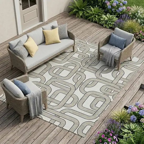 Ivory And Pewter Geometric Washable Indoor Outdoor Area Rug Photo 1