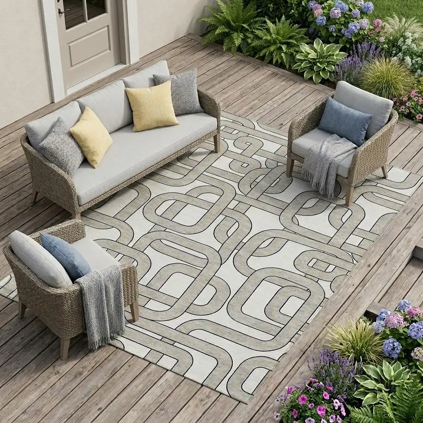 Ivory And Pewter Geometric Washable Indoor Outdoor Area Rug Photo 1