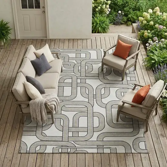 Ivory And Pewter Geometric Washable Indoor Outdoor Area Rug Photo 1