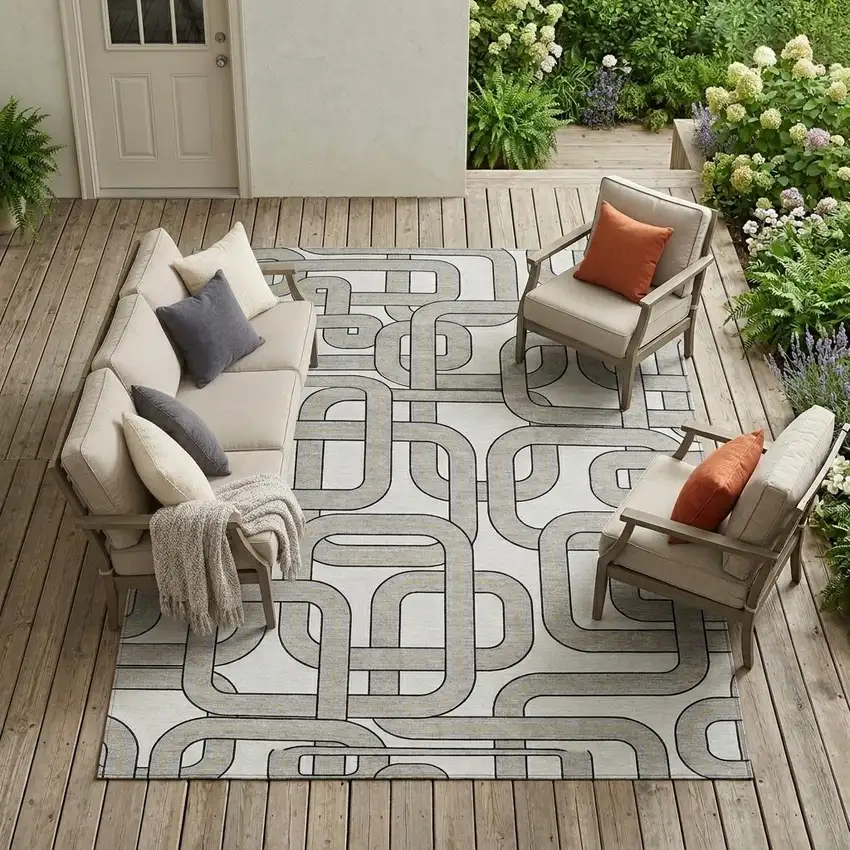 Ivory And Pewter Geometric Washable Indoor Outdoor Area Rug Photo 1