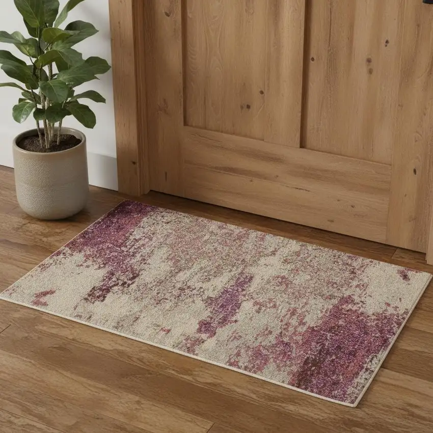 Ivory And Pink Abstract Power Loom Non Skid Area Rug Photo 1