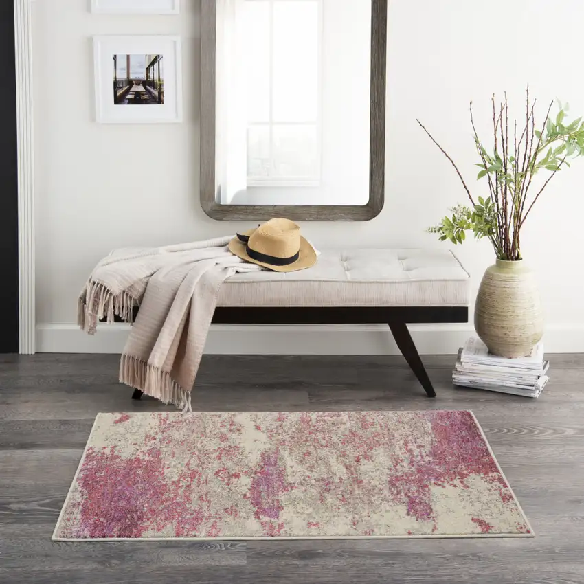 Ivory And Pink Abstract Power Loom Non Skid Area Rug Photo 6