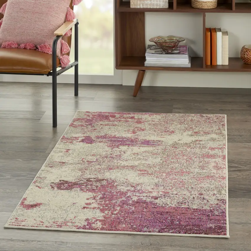 Ivory And Pink Abstract Power Loom Non Skid Area Rug Photo 7