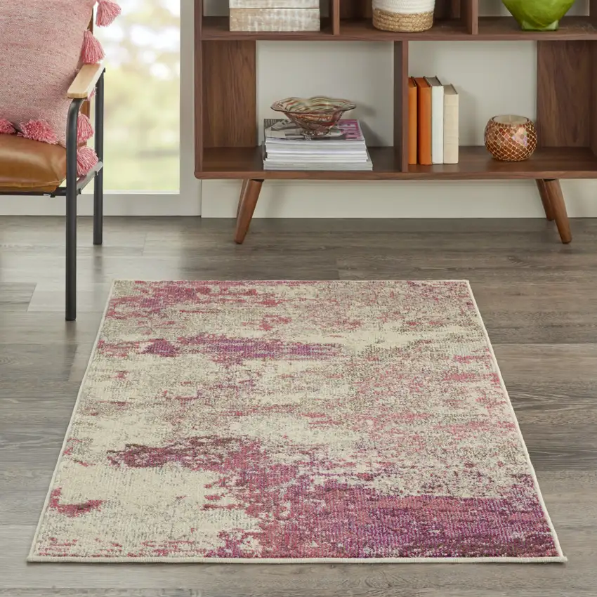 Ivory And Pink Abstract Power Loom Non Skid Area Rug Photo 5