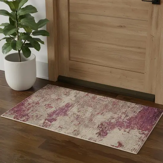 Ivory And Pink Abstract Power Loom Non Skid Area Rug Photo 1