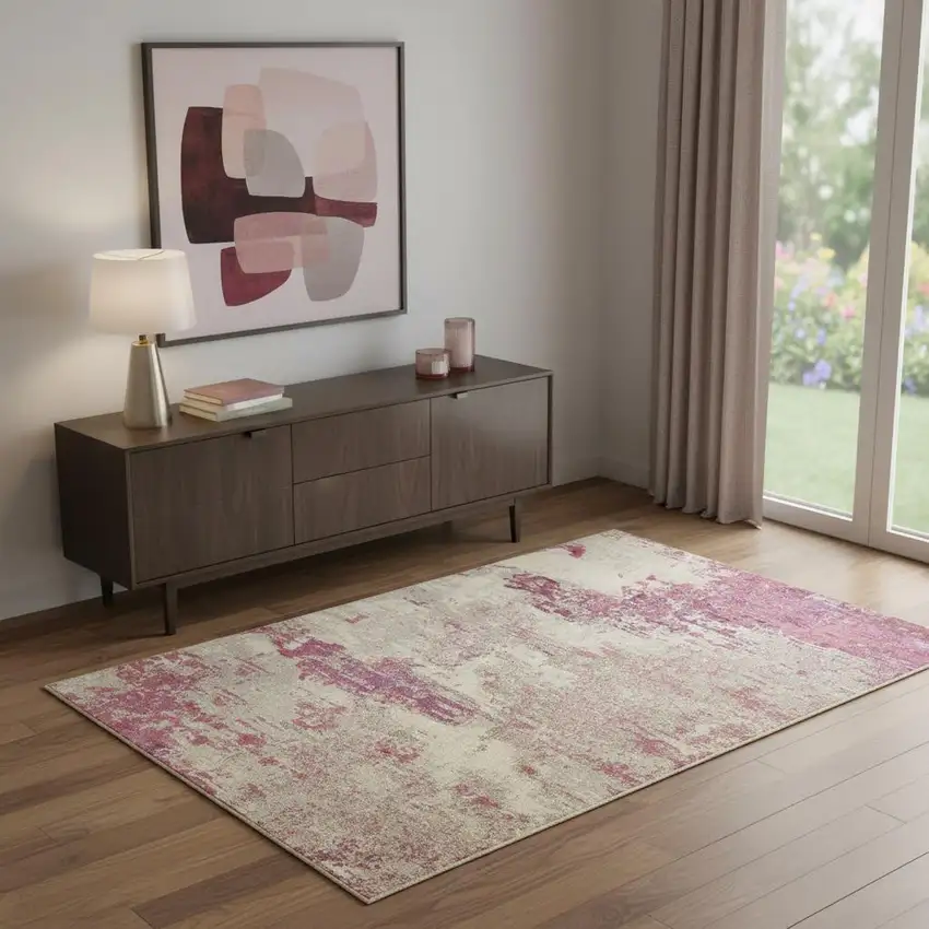 Ivory And Pink Abstract Power Loom Non Skid Area Rug Photo 1