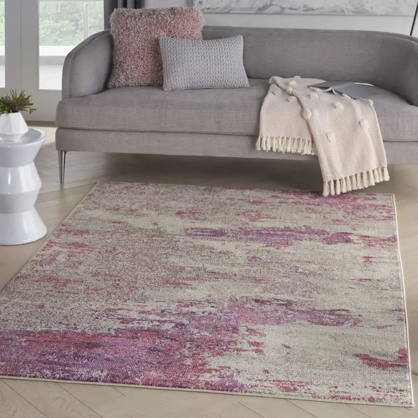 Ivory And Pink Abstract Power Loom Non Skid Area Rug Photo 6