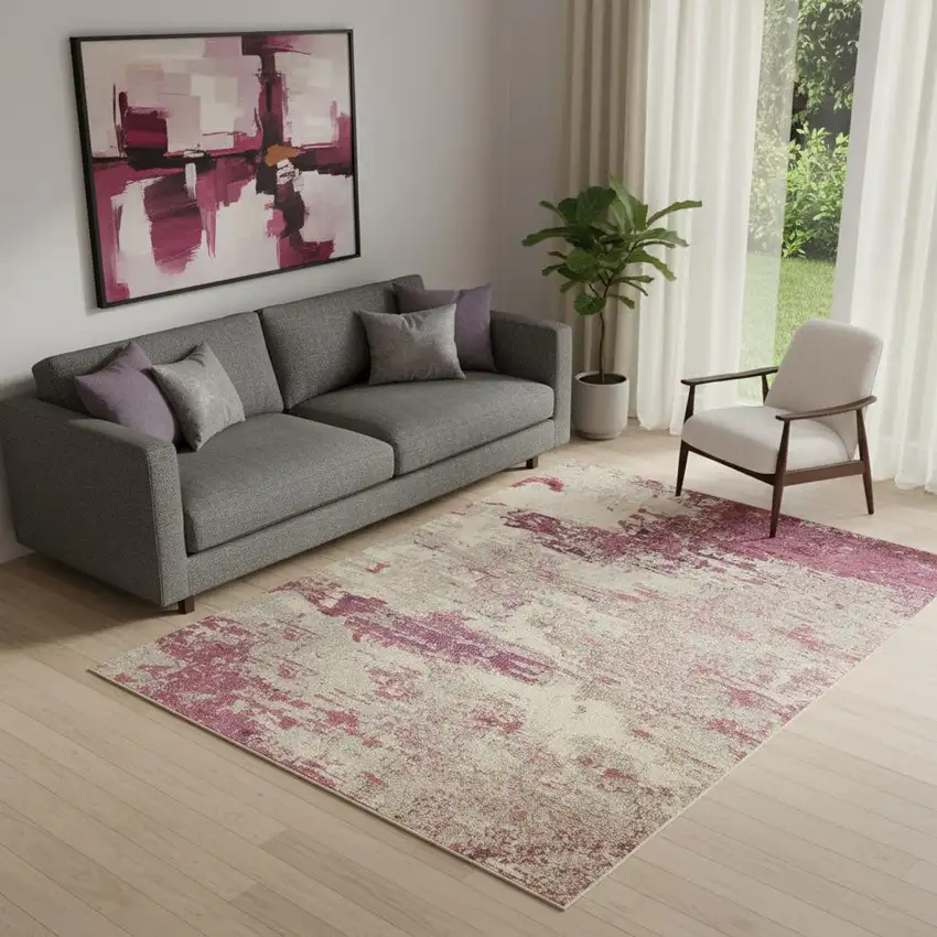 Ivory And Pink Abstract Power Loom Non Skid Area Rug Photo 1