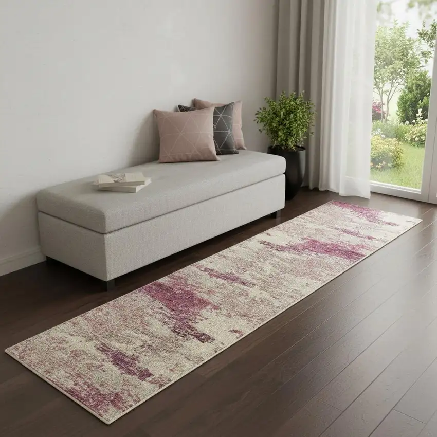 2' X 6' Ivory And Pink Abstract Power Loom Non Skid Runner Rug Photo 1