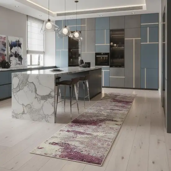 2' X 8' Ivory And Pink Abstract Power Loom Non Skid Runner Rug Photo 1