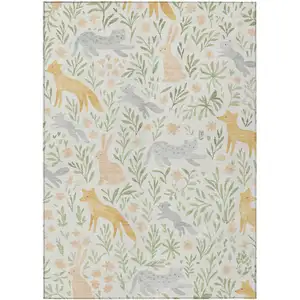 Photo of Ivory And Pink Botanical Leaves Washable Indoor Outdoor Area Rug
