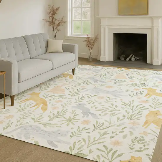 Ivory And Pink Botanical Leaves Washable Indoor Outdoor Area Rug Photo 6