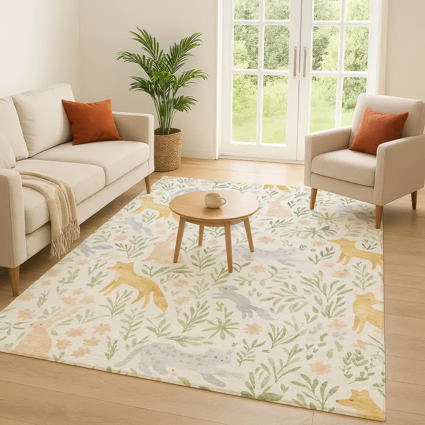Ivory And Pink Botanical Leaves Washable Indoor Outdoor Area Rug Photo 5