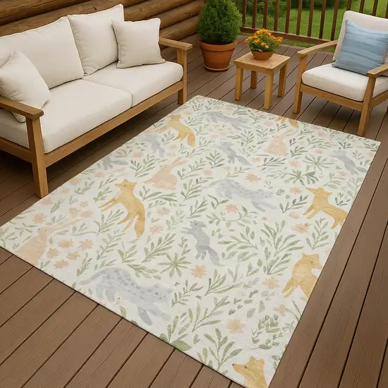 Ivory And Pink Botanical Leaves Washable Indoor Outdoor Area Rug Photo 7